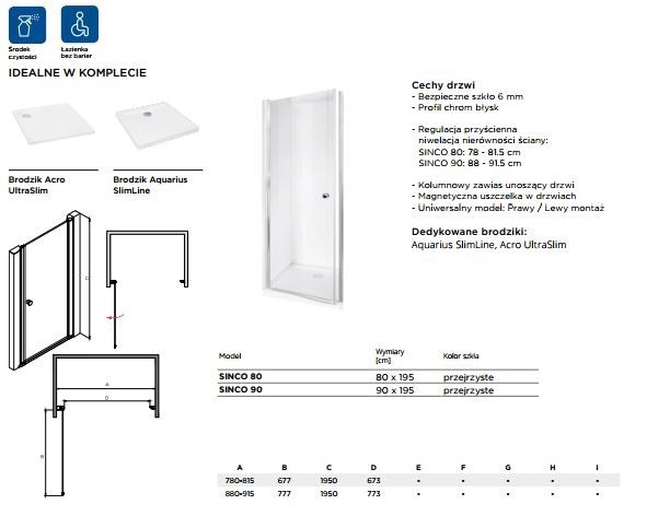 BESCO Sinco drzwi do wneki wahadłowe pojedyńcze 90 chrom przeźroczyste