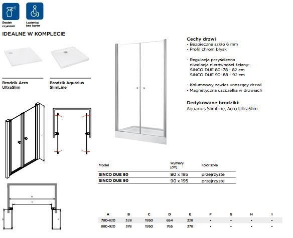 BESCO Sinco drzwi do wneki wahadłowe podwójne 90 chrom przeźroczyste