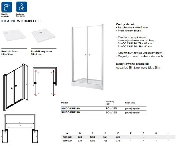 BESCO Sinco drzwi do wneki wahadłowe podwójne 80 chrom przeźroczyste