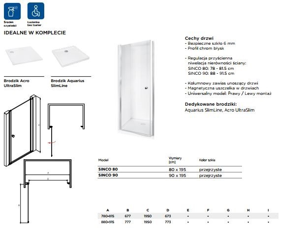 BESCO Sinco drzwi do wneki wahadłowe pojedyńcze 80 chrom przeźroczyste