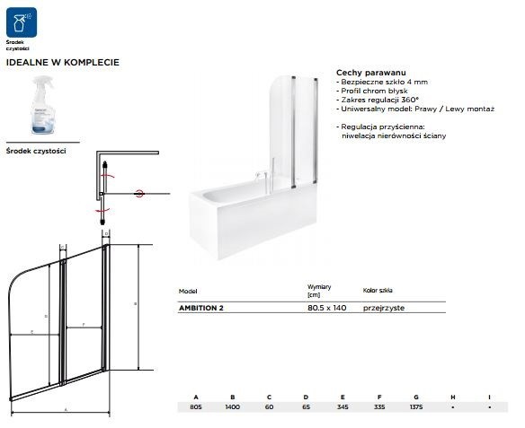 BESCO Ambition 2 parawan nawannowy 2-skrzydłowy składany 80 cm chrom PA-2S