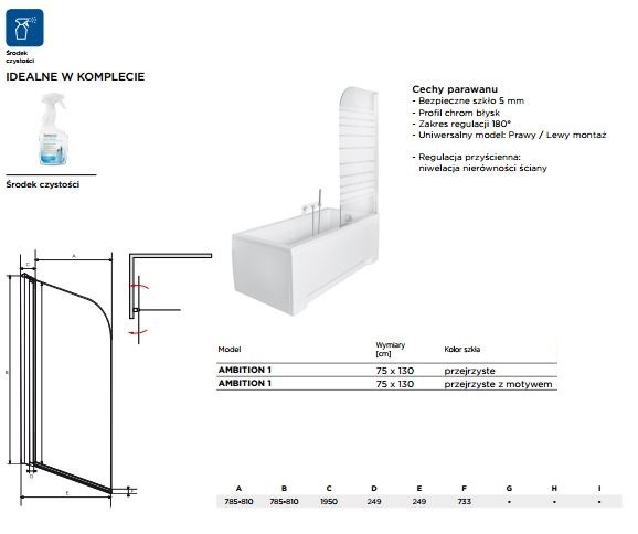 BESCO Ambition 1 parawan nawannowy ruchomy 75 cm chrom PA-1S-CZ