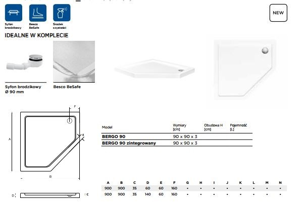 BESCO Bergo slimline brodzik pentagonalny biały 90x90
