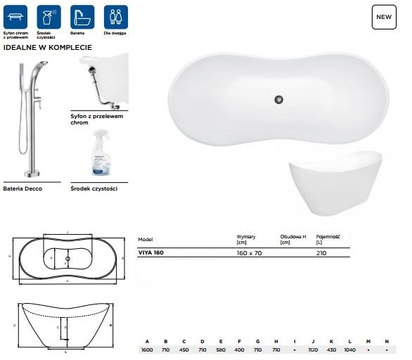BESCO Glam Viya złota wanna wolnostojąca 160x70 Mineral DuraBe IllumeCoat złoty