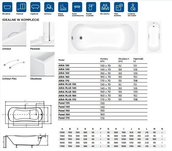 BESCO Aria wanna prostokątna 130x70 akryl biały