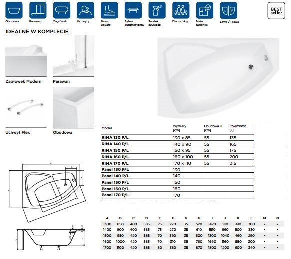 PMD Piramida Rima wanna asymetryczna lewa 150x95 biały