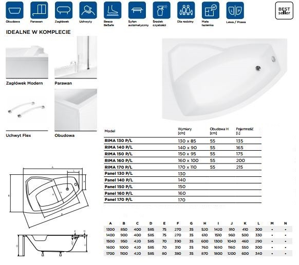 PMD Piramida Rima wanna asymetryczna lewa 140x90 biały