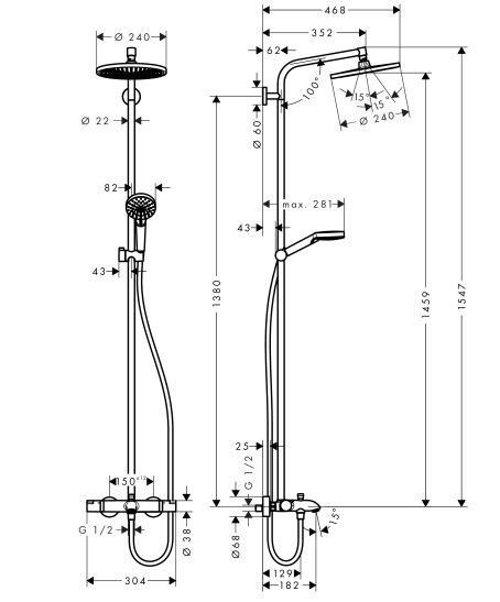 Hansgrohe Crometta S 240 komplet prysznicowy z termostatem do wanny i deszczownicą chrom 27320000