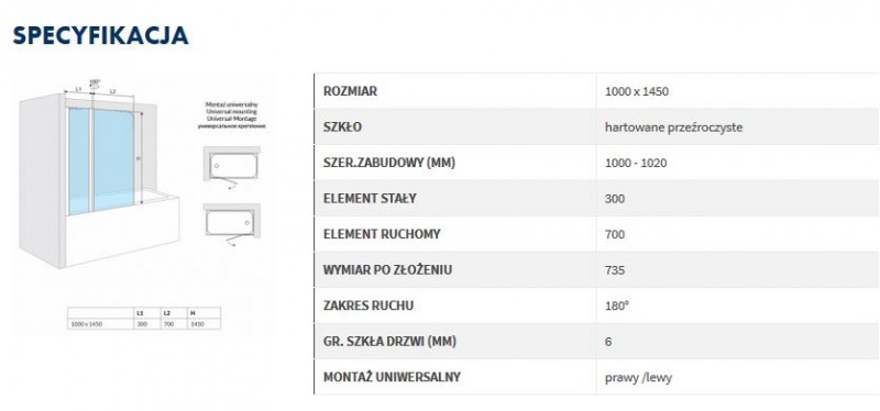 Actima 900 parawan nawannowy uniwersalny dwuczęściowy 100 cm przeźroczysty chrom KAAC.1609.1000.LP