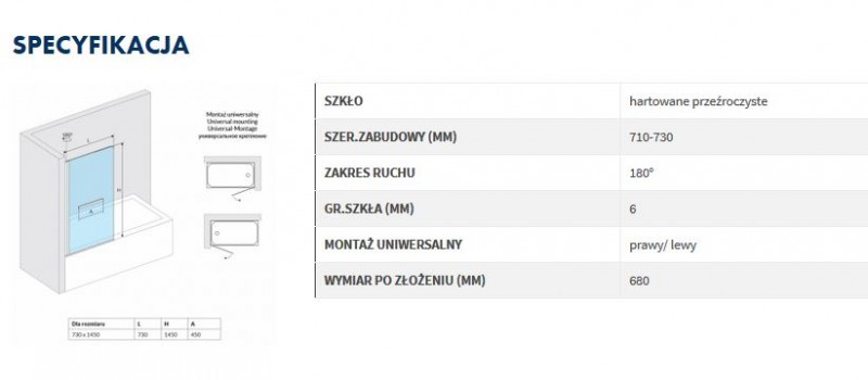 Actima 900 parawan nawannowy uniwersalny 73 cm przeźroczysty chrom KAAC.1609.730.LP