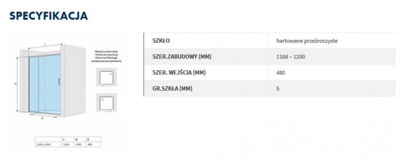 Actima 201 drzwi do wnęki przesuwne uniwersalne 120 cm przeźroczyste chrom KAAC.1805.1200.LP