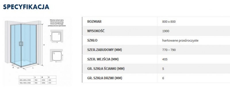 Actima 201 kabina kwadratowa 90x90 drzwi suwane chrom przeźroczysta KAAC.1802.900