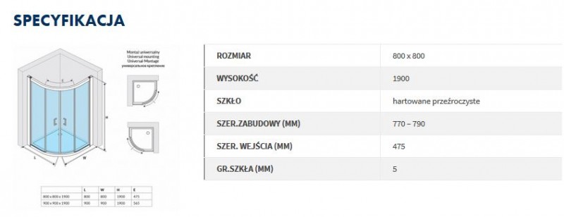 Actima 201 kabina półokrągła 80x80 drzwi suwane chrom przeźroczysta KAAC.1801.800
