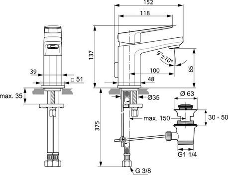 Ideal Standard Tonic II bateria umywalkowa stojąca typu Piccolo bez korka chrom A6331AA