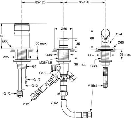Ideal Standard Tonic II bateria wannowa 3-otworowa bez wylewki A6349AA