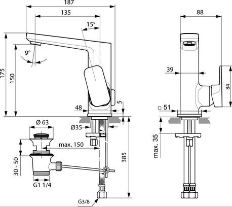 Ideal Standard Tonic II bateria umywalkowa stojąca z bocznym uchwytem z korkiem chrom A6332AA