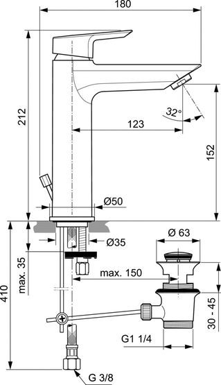 Ideal Standard Tesi bateria umywalkowa stojąca Grande z korkiem chrom A6563AA