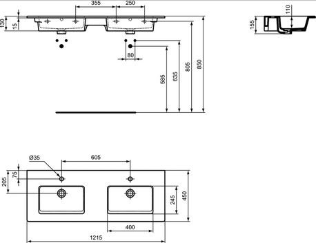Ideal Standard Tempo umywalka podwójna 120 cm z otworami E053401
