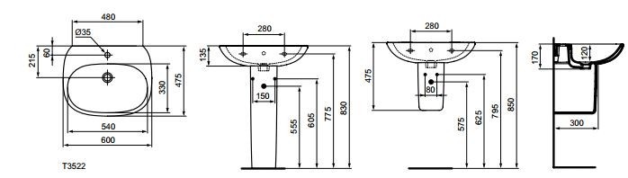 Ideal Standard Tesi umywalka 60 cm Light design z otworem na baterię T352201