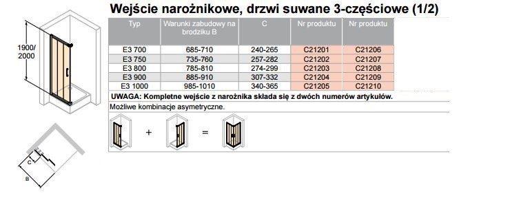 Huppe Classics 2 1/2 kabiny 100 cm drzwi suwane 3-cz. wys. 200 cm srebrny połysk przeźroczyste C21210.069.321