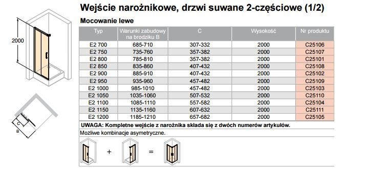 Huppe Classics 2 EasyEntry 1/2 kabiny część lewa 90 cm wys. 200 cm drzwi suwane 2-cz. srebrny połysk przeźroczyste C25102.069.321