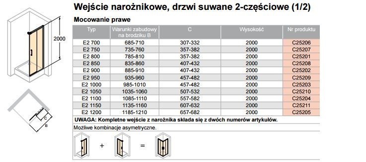 Huppe Classics 2 EasyEntry 1/2 kabiny część prawa 120 cm wys. 200 cm drzwi suwane 2-cz. srebrny połysk przeźroczyste C25205.069.321
