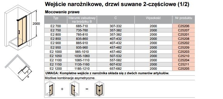 Huppe Classics 2 EasyEntry 1/2 kabiny część prawa 70 cm drzwi suwane 2-cz. wys.200 srebrny połysk przeźroczyste C25206.069.321