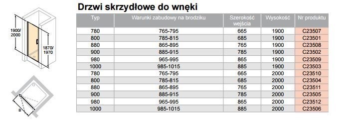Huppe Classics 2 drzwi skrzydłowe do wnęki 98cm wys. 190 cm srebrny połysk przeźroczyste C23509.069.321