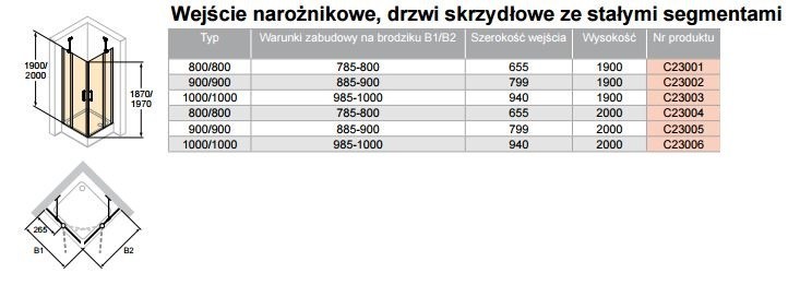 Huppe Classics 2 kabina kwadratowa 100x100cm wys. 190 cm drzwi skrzydłowe ze stałymi segmentami srebrny połysk przeźroczyste C23003.069.321