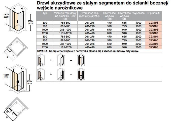 Huppe Classics 2 - 1/2 kabiny prysznicowej, drzwi skrzydłowe 120 cm wys. 200 cm ze stałymi segmentami do ścianki bocznej srebrny połysk przeźroczyste C23108.069.321
