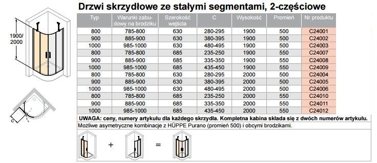 Huppe Classics 1/2 kabiny drzwi skrzydłowe 2-cz. 100cm r.500 wys. 190 cm srebrny połysk przeźroczyste C24003.069.321