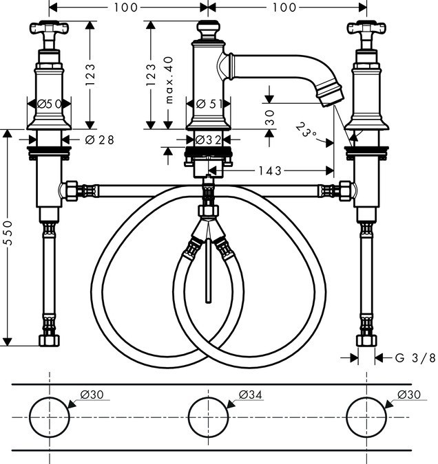 Axor Montreux bateria umywalkowa 3-otworowa nikiel szczotkowany 16536820
