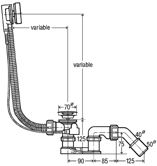Viega Simplex Trio M5 syfon wannowy z napełnianiem długi 725mm pokrętło chrom połysk 727307