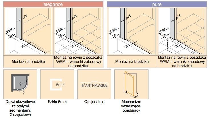 Huppe Design Pure 1/2 kabiny drzwi skrzydłowe ze stałymi segmentami 2-cz. 80cm srebrny matowy przeźroczyste 8P1704.087.321