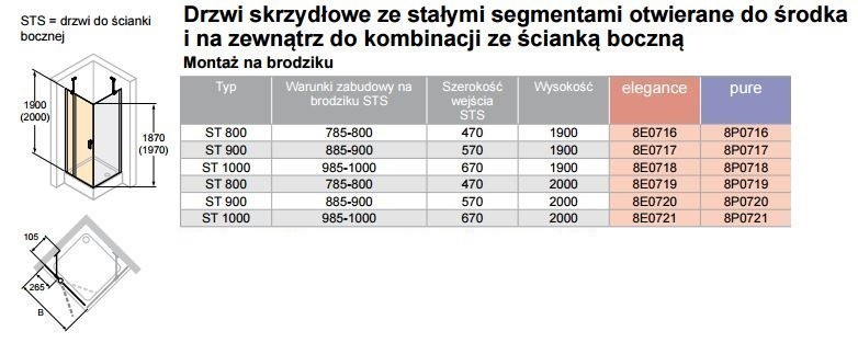 Huppe Design Pure drzwi skrzydłowe ze stałymi segmentami do ścianki bocznej 100cm wys. 200 cm srebrny matowy przeźroczyste 8P0721.087.321
