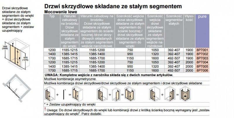 Huppe Design Pure drzwi do wnęki składane ze stałym segmentem lewe 140 cm wys.190 cm srebrny matowy przeźroczyste 8P7002.087.321