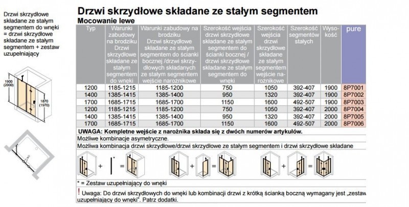 Huppe Design Pure drzwi do wnęki składane ze stałym segmentem lewe 170 cm wys.200 cm srebrny matowy przeźroczyste 8P7006.087.321
