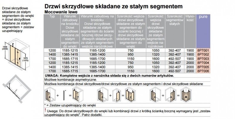 Huppe Design Pure drzwi do wnęki składane ze stałym segmentem lewe 140 cm wys.200 cm srebrny matowy przeźroczyste 8P7005.087.321