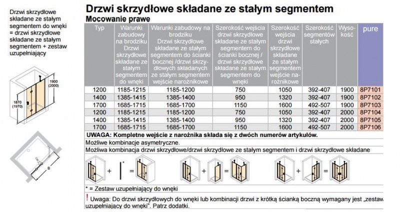 Huppe Design Pure drzwi do wnęki składane ze stałym segmentem prawe 140 cm wys.190 cm srebrny matowy przeźroczyste 8P7102.087.321