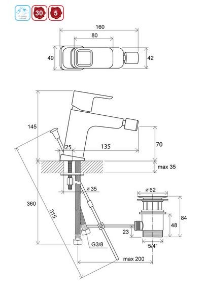 Ravak 10 bateria bidetowa z korkiem chrom X070067