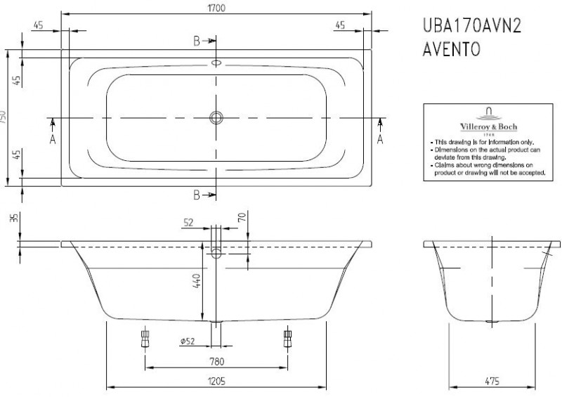 Villeroy&Boch Avento wanna prostokątna 170x75 biała weiss alpin UBA170AVN2V-01