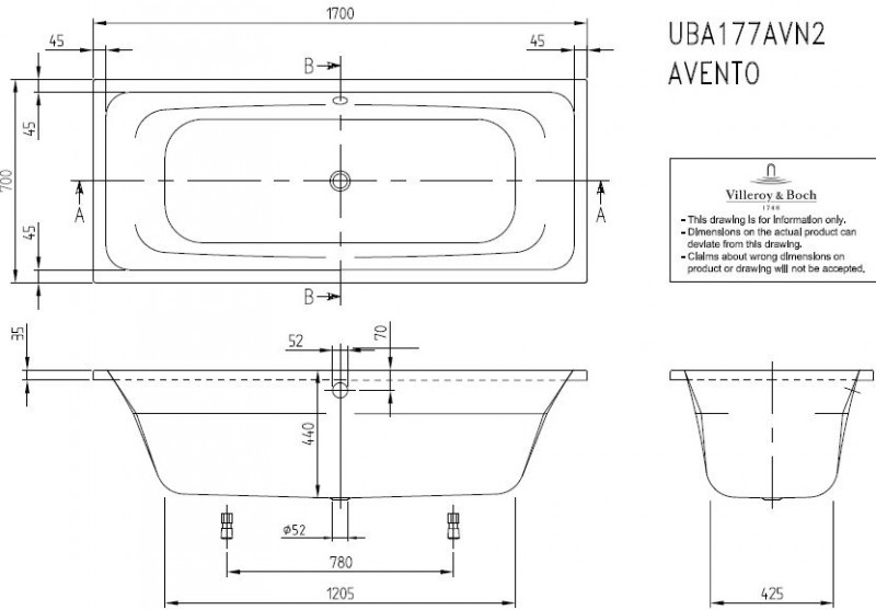 Villeroy&Boch Avento wanna prostokątna 170x70 biała weiss alpin UBA177AVN2V-01