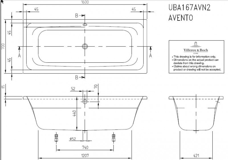 Villeroy&Boch Avento wanna prostokątna 160x70 biała weiss alpin UBA167AVN2V-01