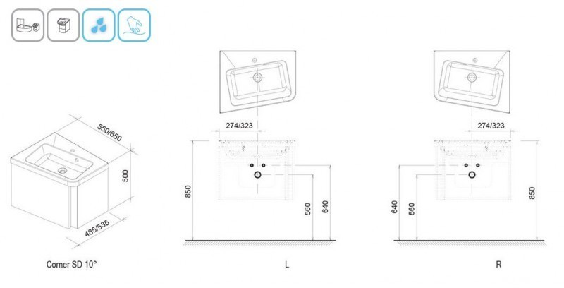 Ravak 10 SD szafka pod umywalkę narożna prawa 65x53,5 cm biała X000000748