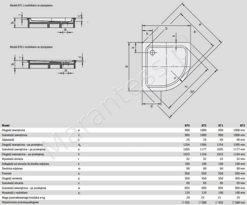 Kaldewei Arrondo brodzik półokrągły 100x100 model 873-1 460300010001