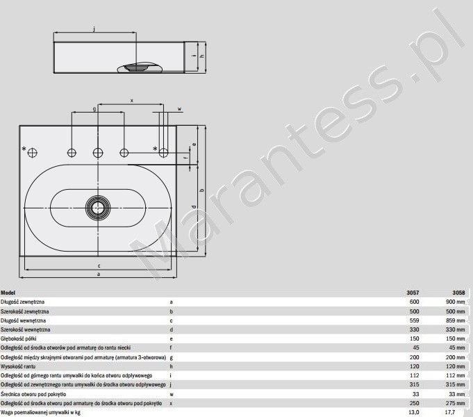 Kaldewei Centro umywalka nablatowa bez przelewu 90x50 cm wys. rantu 120 mm 3058 903106013001