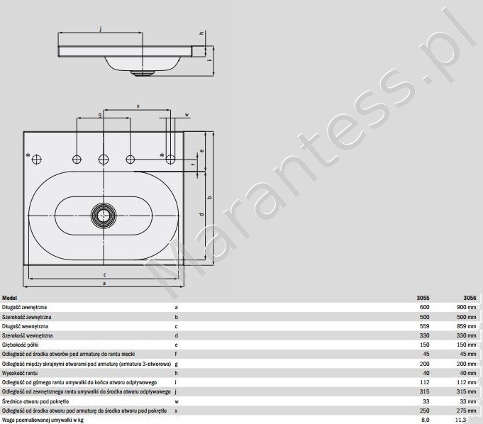 Kaldewei Centro umywalka nablatowa bez przelewu 60x50 cm wys. rantu 40 mm 3055 902806013001