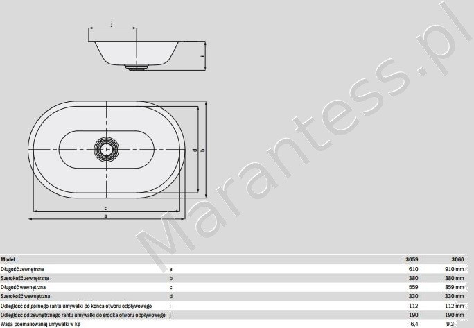 Kaldewei Centro umywalka podblatowa bez przelewu 61x38 cm 3059 903206003001