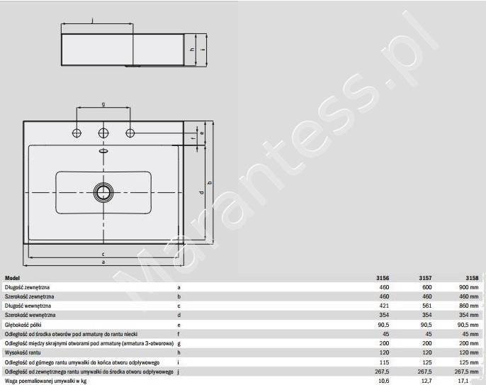 Kaldewei Puro umywalka nablatowa z przelewem 90x46 cm wys. rantu 120 mm 3158 900806013001