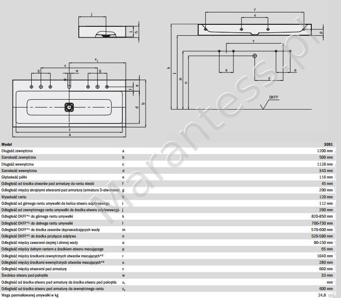 Kaldewei Cono umywalka ścienna podwójna bez przelewu 120x50 cm 3091-D 902706043001